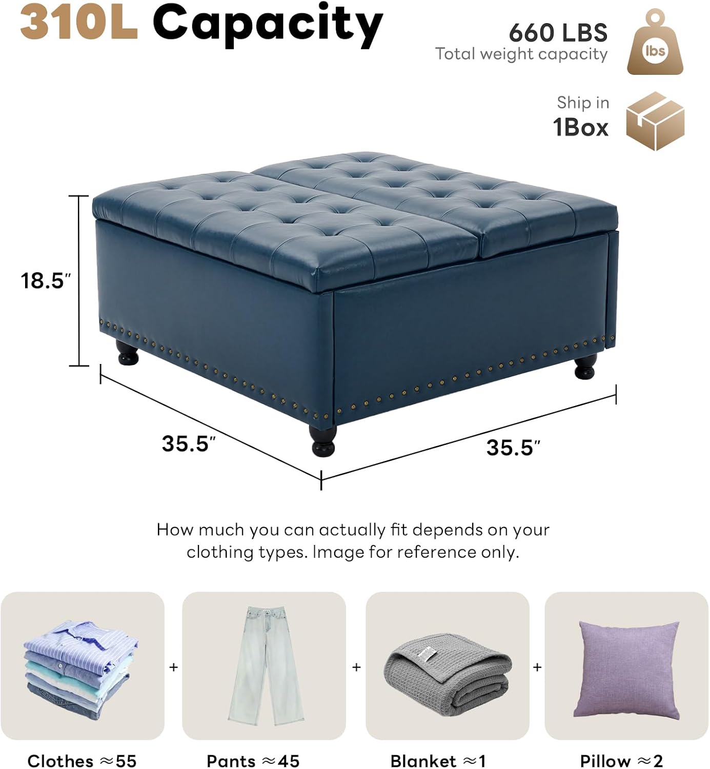 Tbfit Large Square Storage Ottoman Bench, Tufted Upholstered Coffee Table Ottoman with Lift Top & Wooden Legs, Oversized Storage Ottomans Toy Box for Living Room (Blue PU)