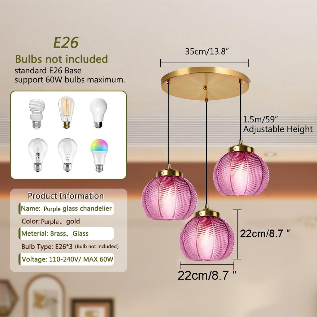 3-Light Purple Glass Pendant Lights - 8.7″ Globe Shade, Hand Blown Glass Hanging Chandelier Cluster Pendant Light Fixtures Adjustable Mid Century Chandeliers Kitchen Island Staircase