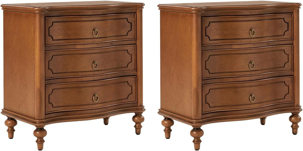 HULALA HOME Traditional Side Tables with 3 Drawers, Tall Side Table with Curved Front Profle Desgin, Charging Station, Solid Wood Legs, Set of 2, Walnut