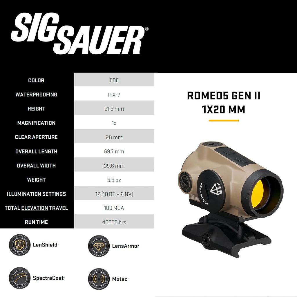 SIG SAUER ROMEO5 GEN I & GEN II 2 MOA Dot Sight - 1x20mm Compact Durable IPX-7 Waterproof Shooting Rifle Sight with Parallax-Free Optical Design & 12 Illumination Settings