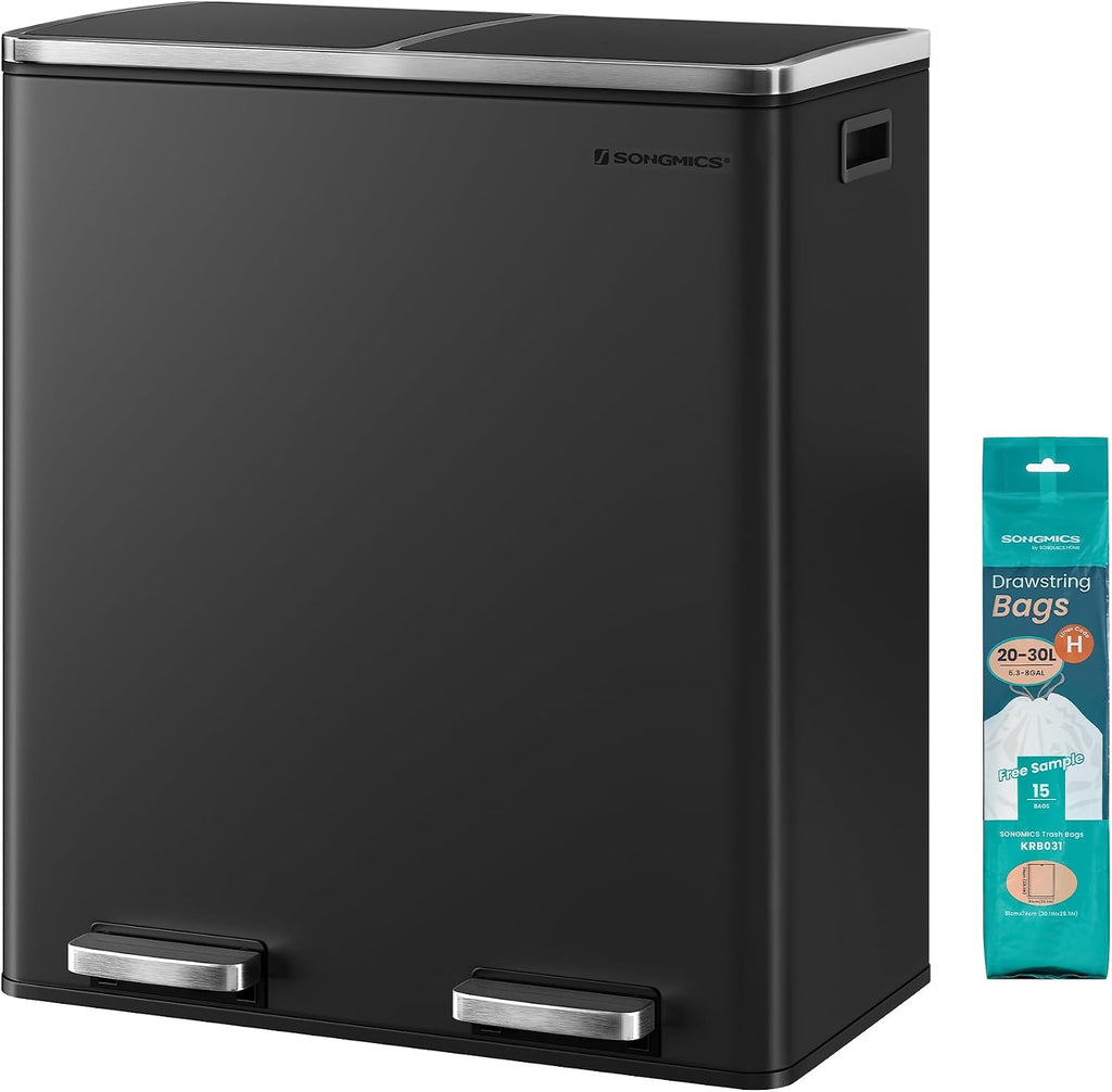 SONGMICS Trash Can, 2 x 8 Gallon (2 x 30 L) Garbage Can for Kitchen, with 15 Trash Bags, 2 Compartments, Plastic Inner Buckets and Hinged Lids, Airtight, Black ULTB60BK