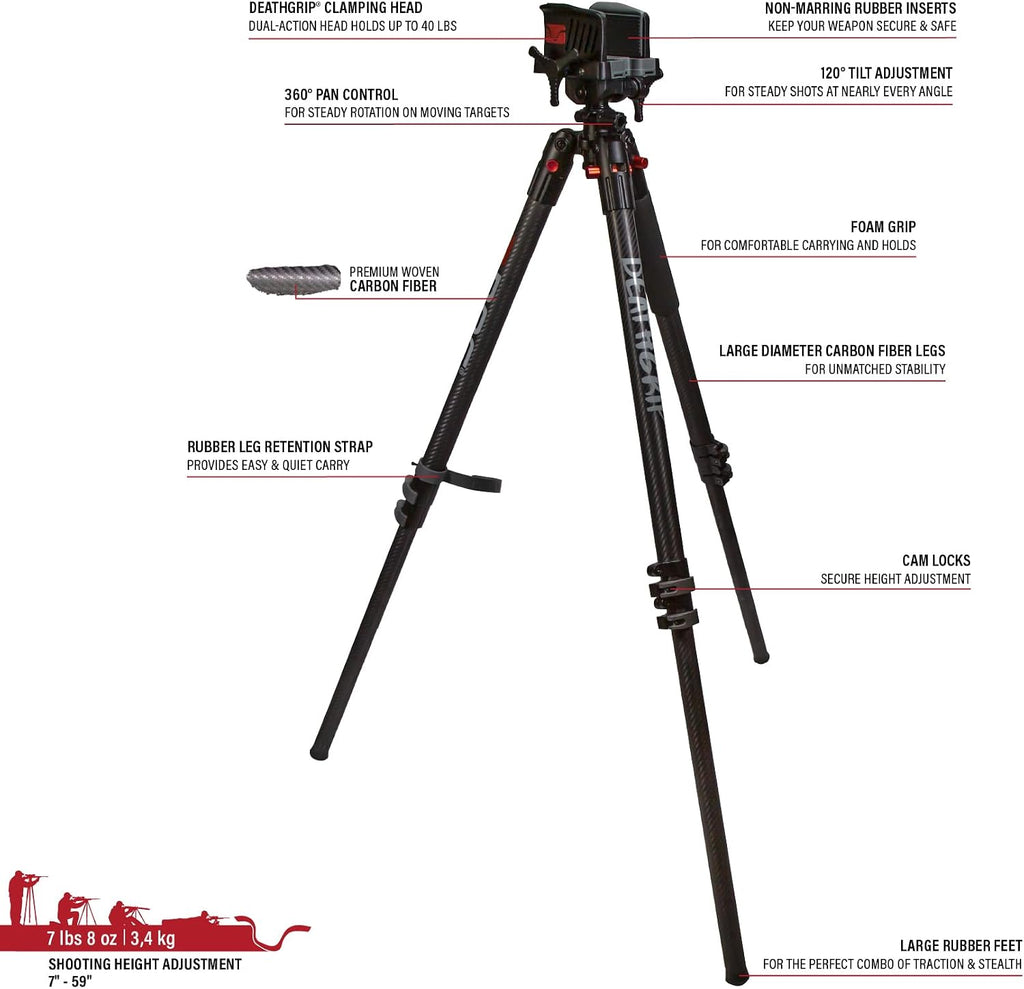 BOG DeathGrip Aluminum Tripod with Durable Frame, Lightweight, Stable Design, Bubble Level, Adjustable Legs, Shooting Rest, and Hands-Free Operation for Hunting, Shooting, and Outdoors