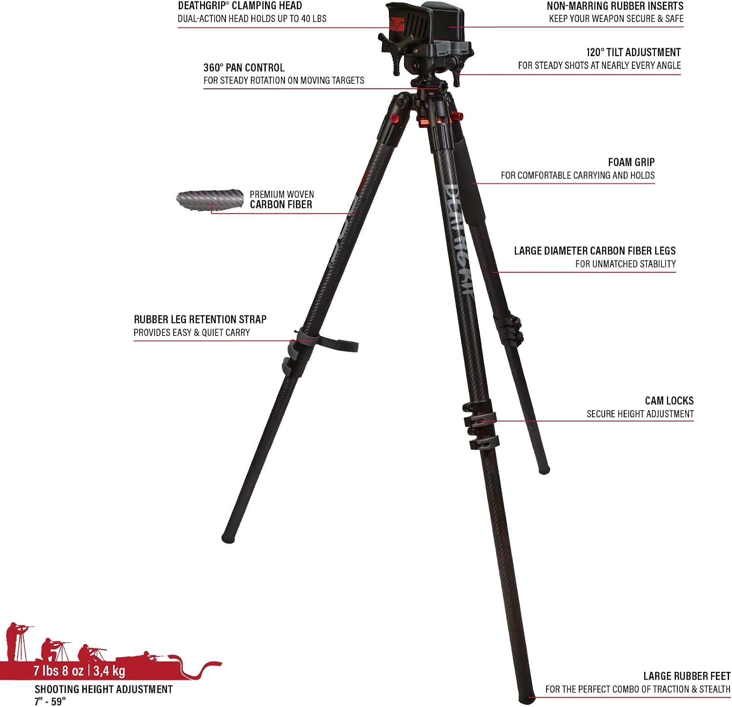 BOG DeathGrip Aluminum Tripod with Durable Frame, Lightweight, Stable Design, Bubble Level, Adjustable Legs, Shooting Rest, and Hands-Free Operation for Hunting, Shooting, and Outdoors