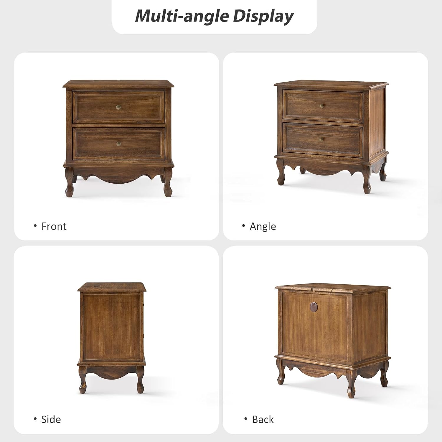 HULALA HOME Solid Wood End Tables Set of 2 with Charging Station Space, Vintage Endtables with Wood Legs and 2 Drawers, French Side Tables for Living Room, Walnut