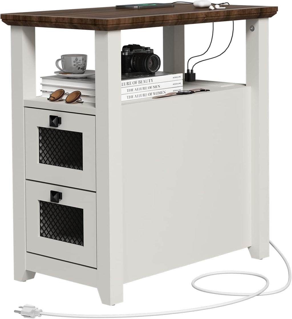 HDDDZSW Farmhouse XXL End Table with Charging Station, Narrow Side Table with USB Ports and Outlets, Nightstand with 2 Drawers Storage, Bedside Tables for Living Room, Bedroom, Rustic Walnut White