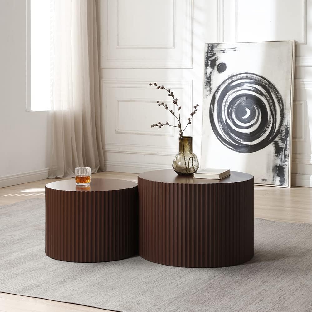 WILLIAMSPACE Nesting Coffee Table Set of 2, Matte Brown Round Wooden Coffee Tables, Modern Luxury Side Tables Accent End Table for Living Room Apartment, 23.62'*23.62'*15.75'H (Brown-Round)