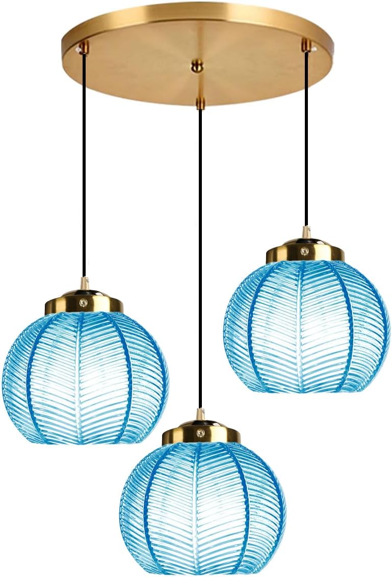 Cluster Pendant Light Glass Globe Chandelier 3-Lights Adjustable with 8.7″ Blue Glass Shades, Mid-Century Modern Kitchen Island Chandeliers,Ribbed Ball Gold Ceiling Hanging Lights