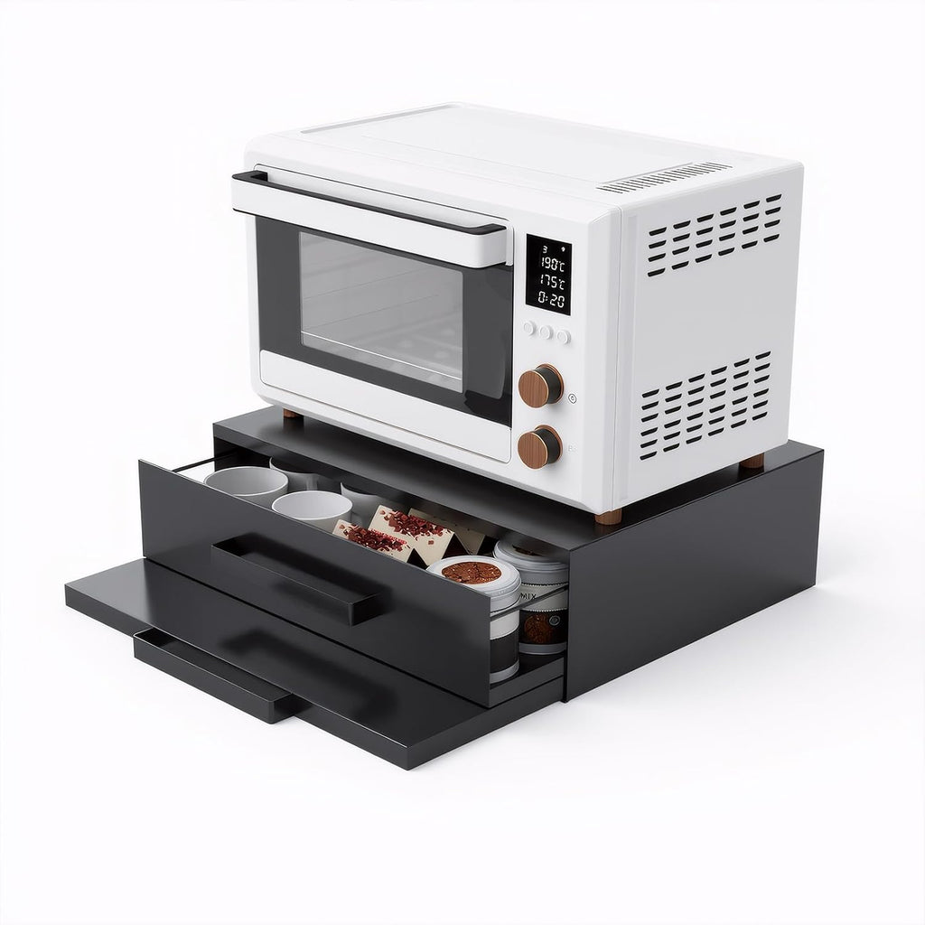 Steel Microwave Stand with Pull-Out Drawers and Shelves, Black | for Coffee Station & Appliance Storage | Heavy-Duty 100lbs Capacity | Space-Saving Design