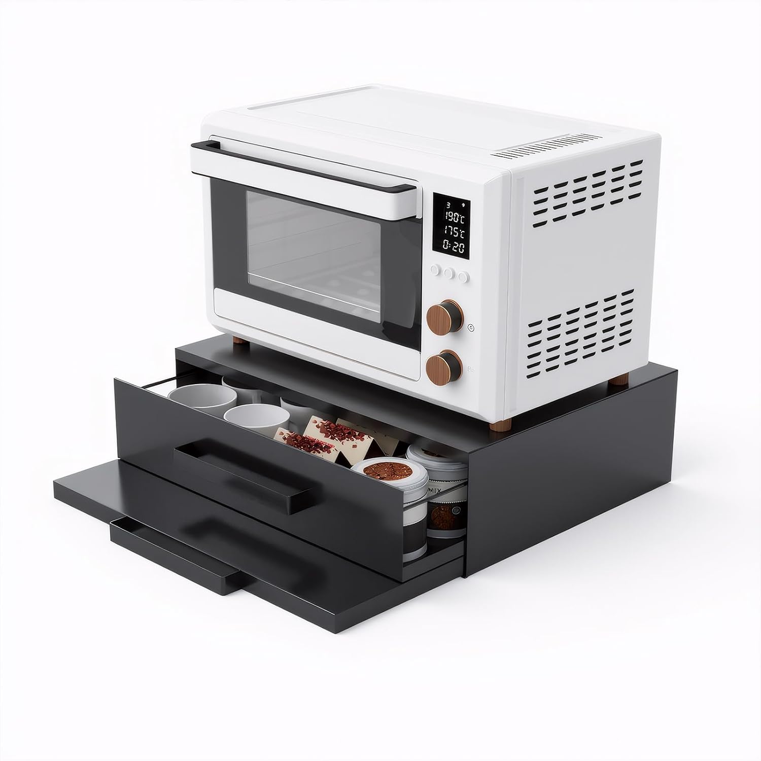 Steel Microwave Stand with Pull-Out Drawers and Shelves, Black | for Coffee Station & Appliance Storage | Heavy-Duty 100lbs Capacity | Space-Saving Design