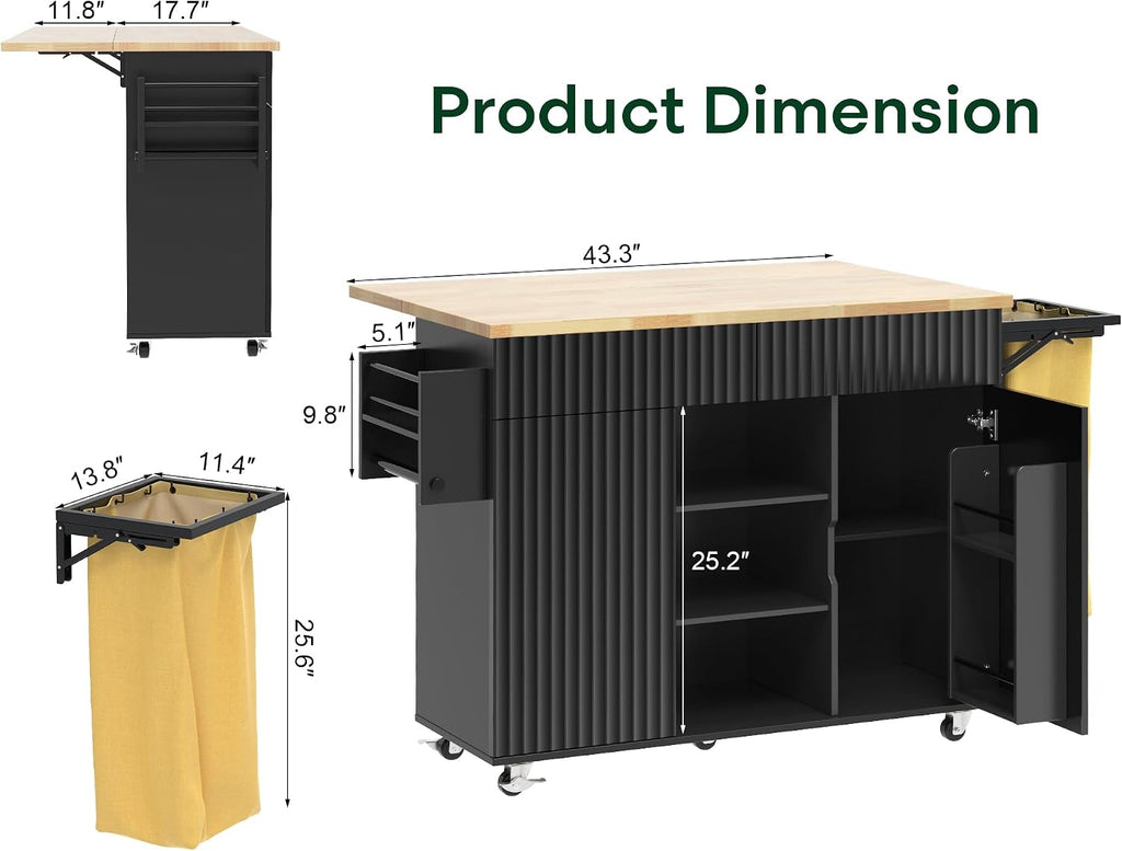 43.3' x 29.5' Kitchen Island with Drop Leaf, Rolling Kitchen Island on Wheels with Removable Trash Bag, Kitchen Island Cart with Storage Cabinet, Drawers & Spice Rack, Black