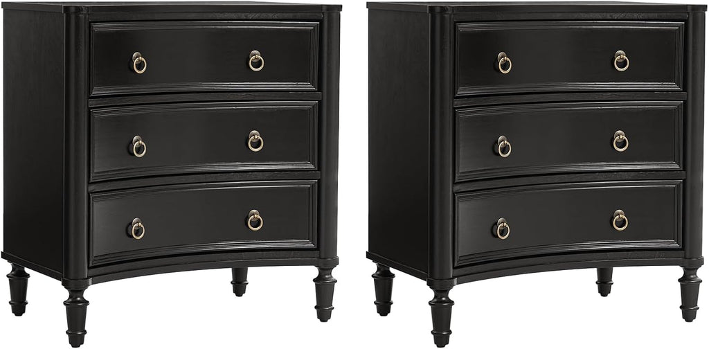 HULALA HOME 3 Drawer End Tables Set of 2 with Charging Station, 26' Wide Endtables with Solid Wood Legs and Curved Profile, Classic Side Tables for Living Room, Black