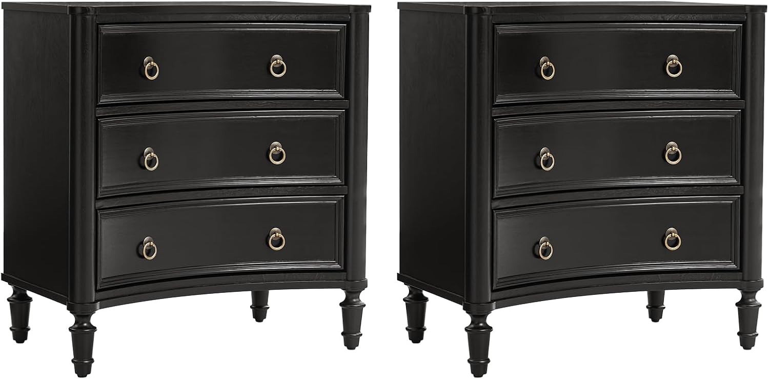 HULALA HOME 3 Drawer End Tables Set of 2 with Charging Station, 26' Wide Endtables with Solid Wood Legs and Curved Profile, Classic Side Tables for Living Room, Black