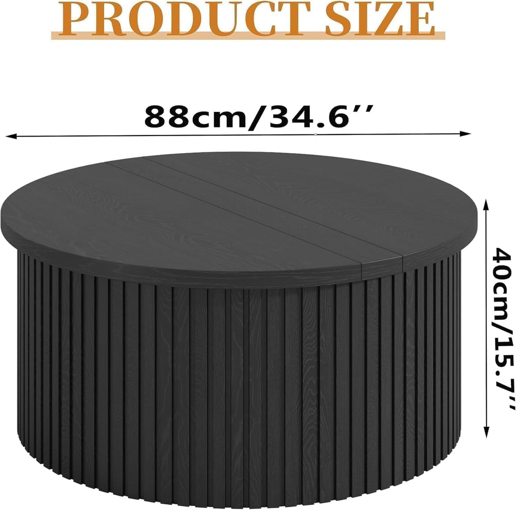 Fsbecl Fluted Lift Top Coffee Table with Storage, 34.6'' Round Coffee Tables for Living Room, Circle Wood Center Table with Hidden Conpartment (Black)