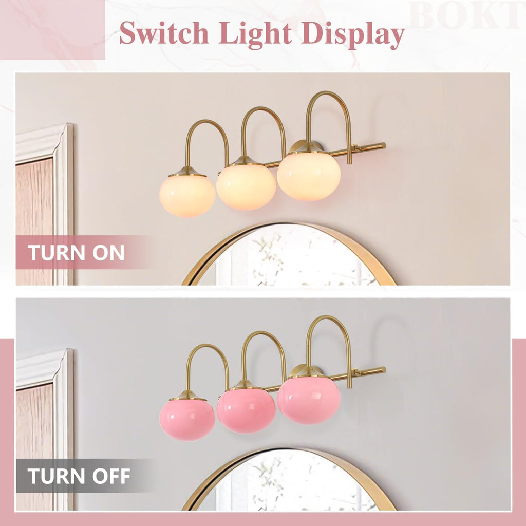 BOKT Gold Bathroom Light Fixture Pink Glass Ball Shades 3-Lights Vintage Vanity Lights Over Mirror E26 Base Modern Wall Sconces Bathroom Wall Lamp for Hallway Bedroom