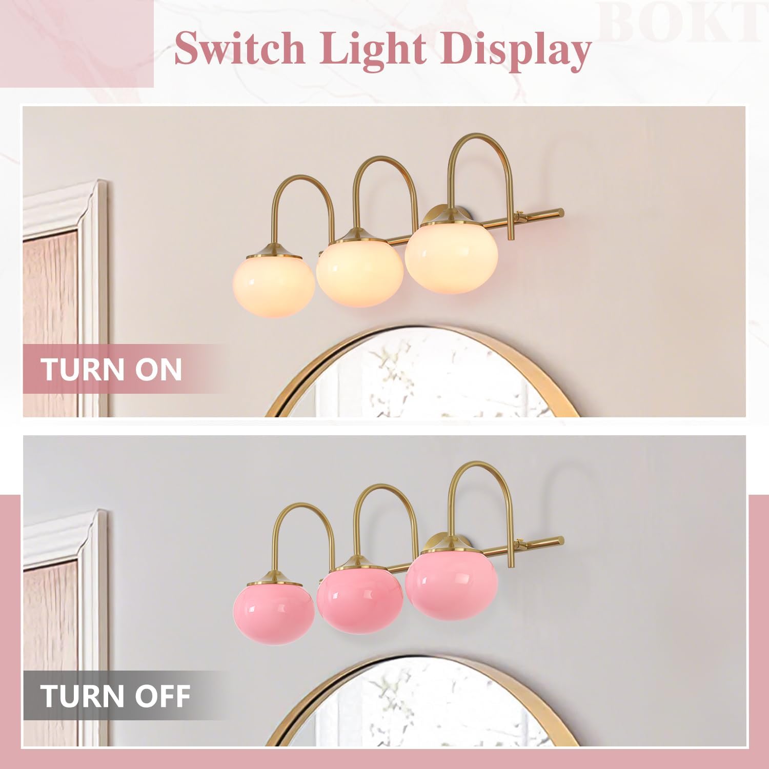 BOKT Gold Bathroom Light Fixture Pink Glass Ball Shades 3-Lights Vintage Vanity Lights Over Mirror E26 Base Modern Wall Sconces Bathroom Wall Lamp for Hallway Bedroom