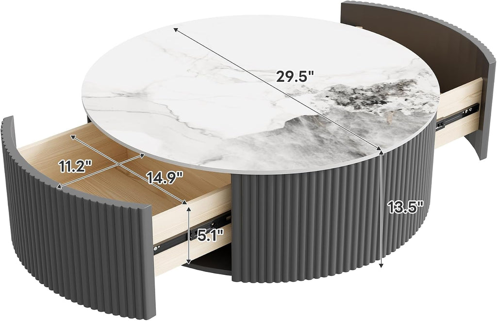 Merax 29.5' Round Fluted Coffee Table for Living Room, Movable Accent Table with Casters and 2 Storage Drawers, Marble Pattern Sintered Stone Top, Black and White