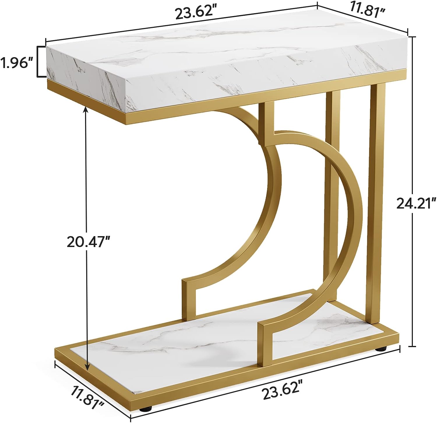 Tribesigns Narrow Side Table Set of 2, C Shaped End Table for Couch, White Gold Modern Bedside Tables with Metal Frame, Small Sofa Tables for Small Spaces, Living Rooms (2, White+Gold)