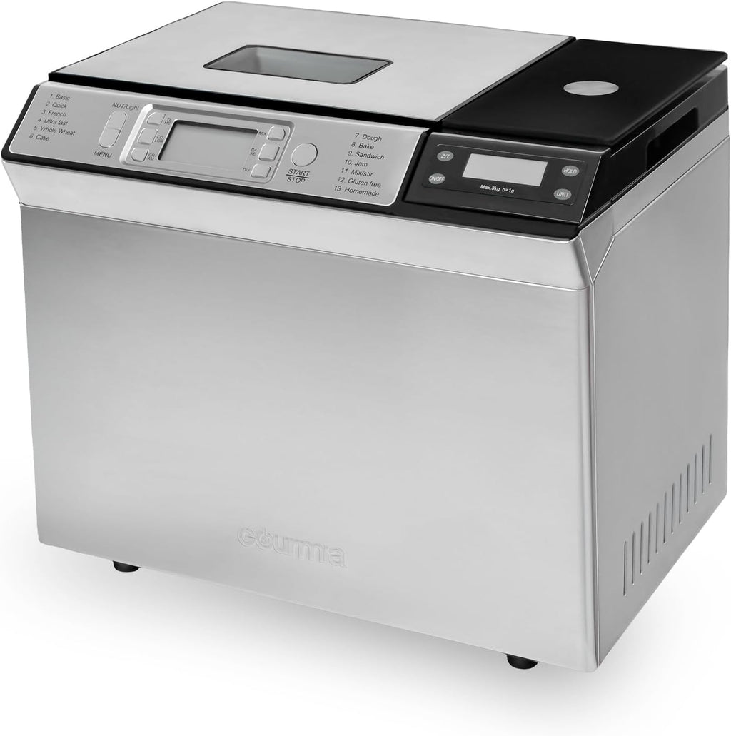Gourmia Bread Maker with 2 LB Loaf Capacity - 13 Presets Jam Mode, Automatic Ingredient Dispenser, Customizable Crust Options, Keep Warm & Delay Start, Dishwasher Safe Parts