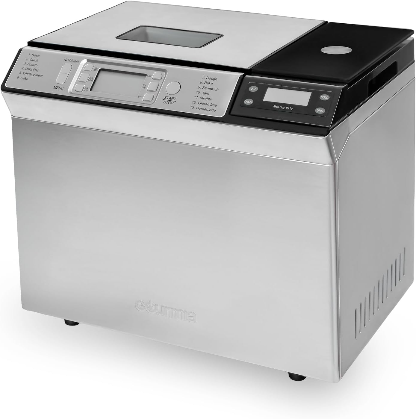 Gourmia Bread Maker with 2 LB Loaf Capacity - 13 Presets Jam Mode, Automatic Ingredient Dispenser, Customizable Crust Options, Keep Warm & Delay Start, Dishwasher Safe Parts
