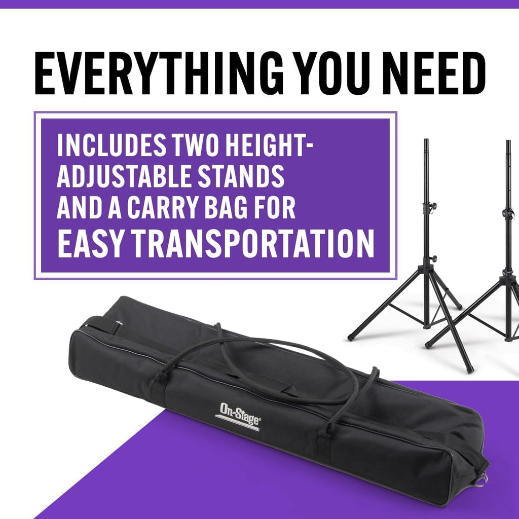 On-Stage SSP7950 All-Aluminum Speaker Stand Pack (Pair of Folding, Portable Stands, Tripod Base, Carry Bag, Height Adjustable, Nonslip Rubber Feet, 1 3/8″ and 1 1/2″ PA Mounting Poles, Black)