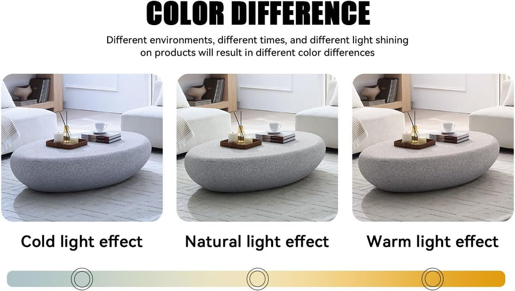 55.12' Modern Faux Stone Coffee Table for Living Room, Fiberglass Minimalist Accent Center Table, Oval Stone Tea Table for Office, Apartment, No Need Assembly, Rock Grey