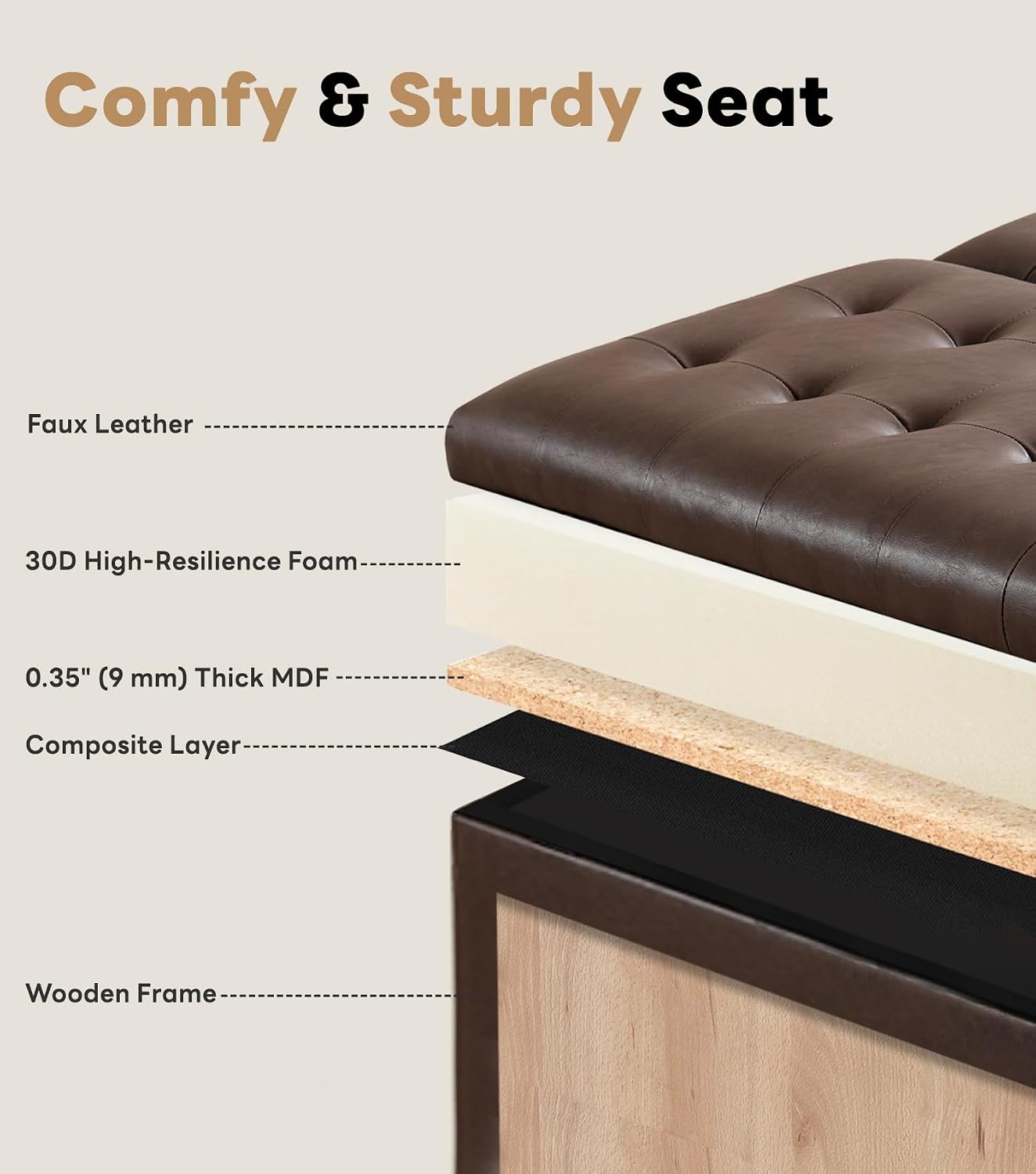 Tbfit Large Square Storage Ottoman Bench, Tufted Upholstered Coffee Table Ottoman with Lift Top & Solid Wood Legs, Oversized Storage Ottomans Toy Box for Living Room (Dark Brown)