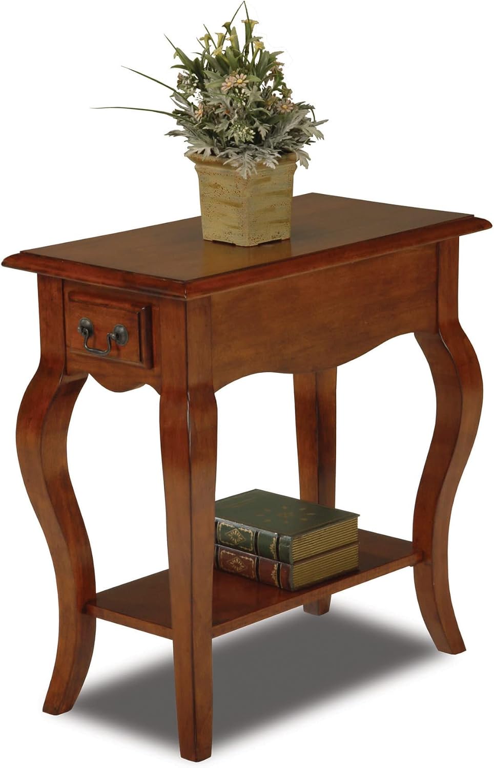 Leick Home 9018-BR One Drawer French Cabriole Leg Side Table with Shelf, Brown Cherry