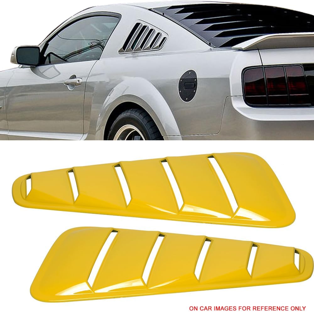 Pre Painted Window Delete Panels Compatible with 2005-2009 Ford Mustang V6, Factory Style Screaming Yellow #D6 ABS Plastic Sun Rain Shade Guard Wind Vent Air Deflector by IKON MOTORSPORTS, 2006 2007
