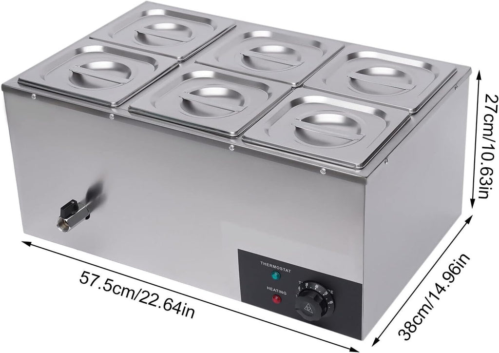 Countertop Steam Table Food Warmer Stainless Steel Commercial Buffet Warmer 6-Pan 600W Portable Electric Food Warmer Steam Table 19.2Qt(18L) for Restaurants, Catering, Buffets