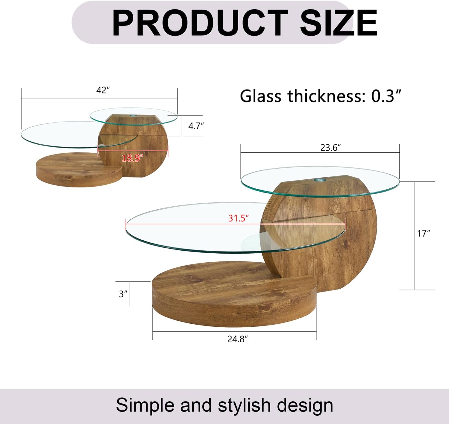 42 Inches Glass Coffee Table, Modern Round Tempered Glass Coffee Tables for Living Room, 3-Tier Circle Wood Coffee Table with Storage Clear Cocktail Table for Small Space Home Office (Wood)
