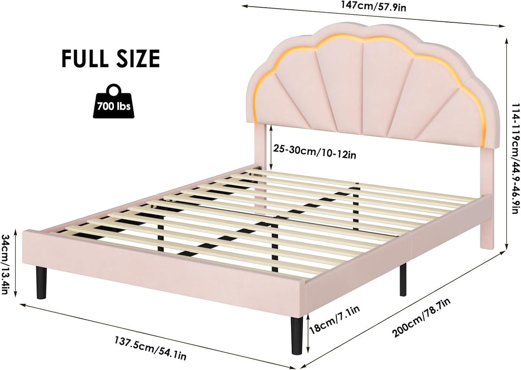 HIFIT Full Upholstered Smart LED Bed Frame with Adjustable Chic Petal Headboard, Princess Full Size Platform Bed Frames for Girls, Wooden Slats Support, No Box Spring Needed, Easy Assembly, Pink