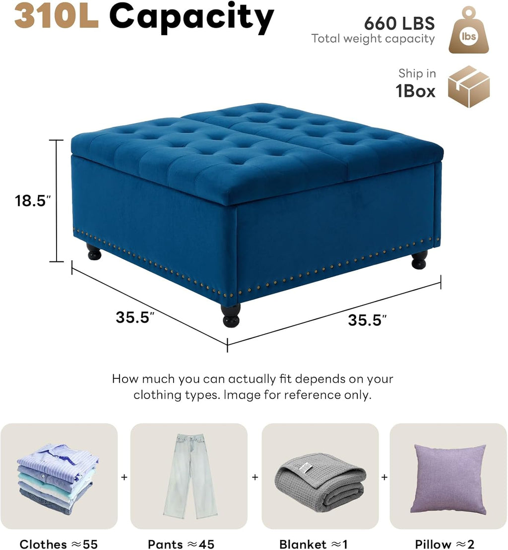 Tbfit Large Square Storage Ottoman Bench, Tufted Upholstered Coffee Table Ottoman with Lift Top & Wooden Legs, Oversized Storage Ottomans Toy Box for Living Room (Blue Velvet)