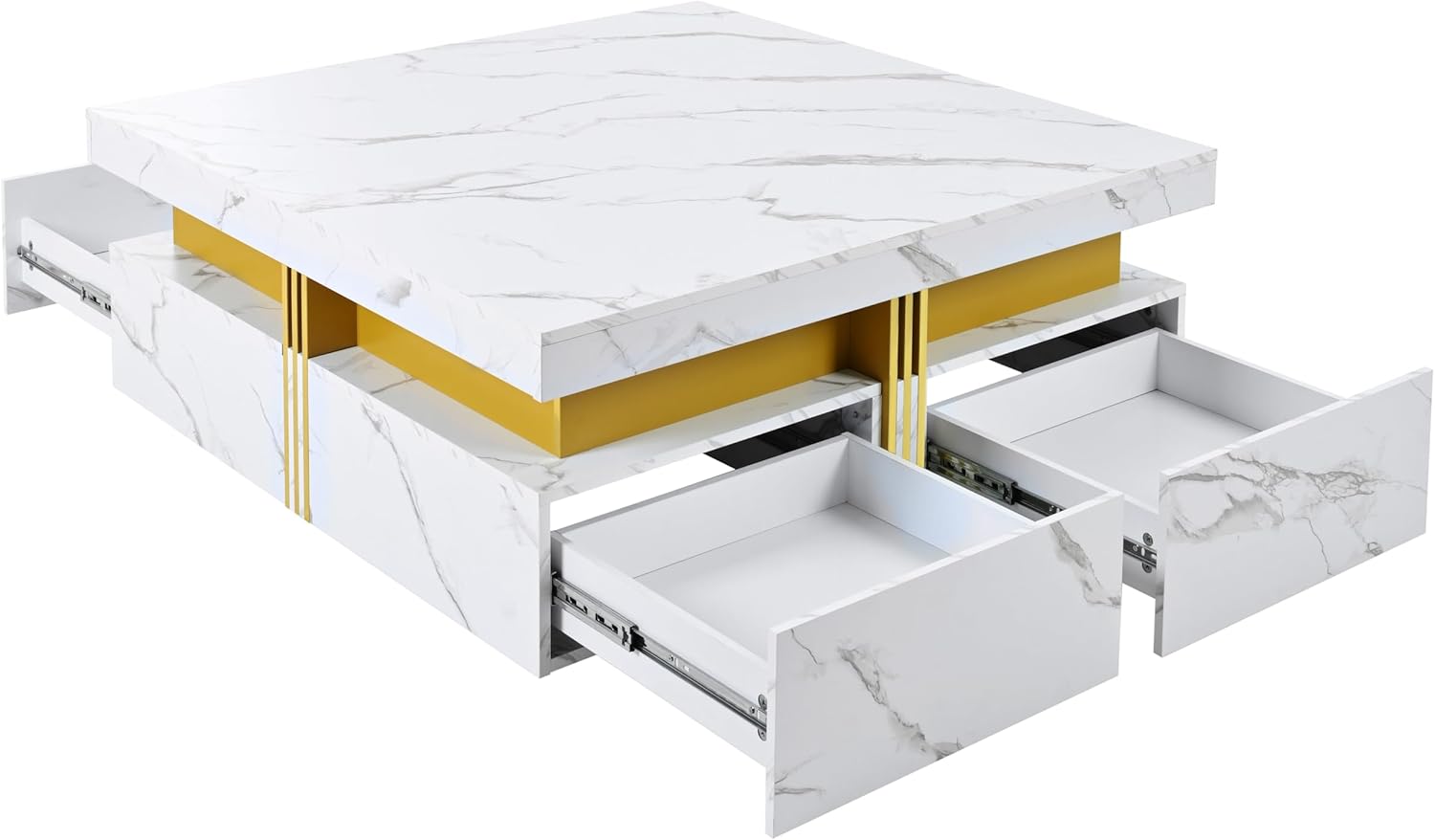 Merax 43.3' Modern Square Storage Coffee Table with 4 Drawers, with Marbling Gold Accents, Functional Center Tables for Living Room Apartment, White