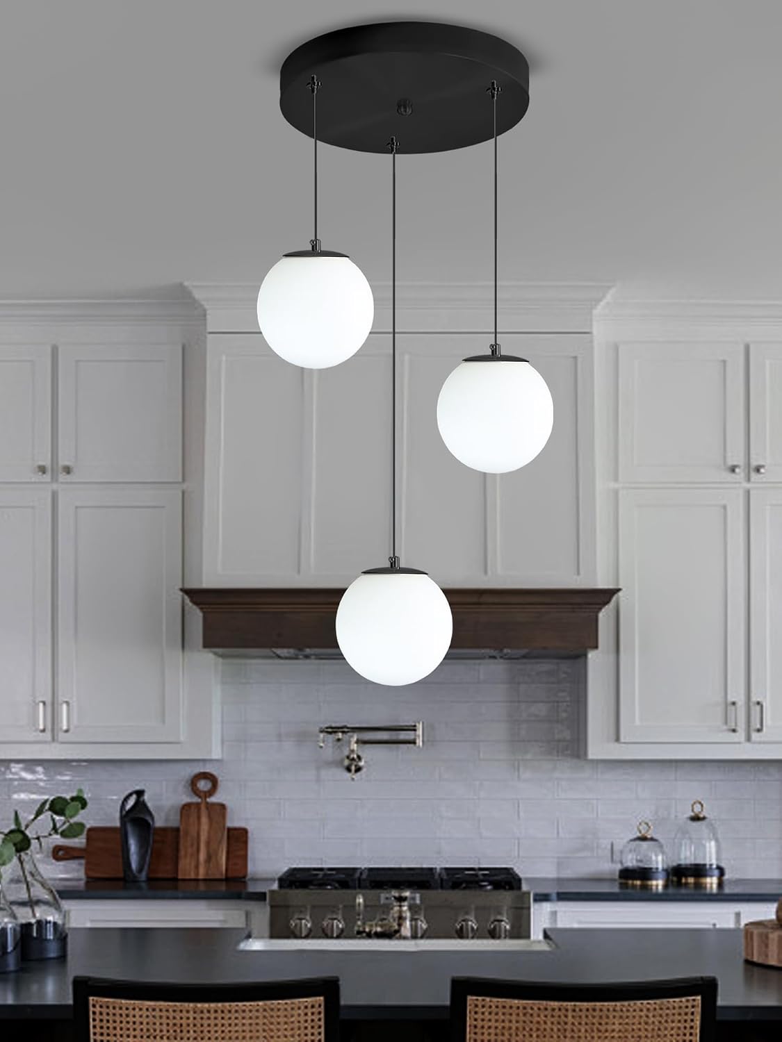 ykolupty 3-Light Globe Pendant Light Modern White Globe Glass Chandelier Black Hanging Fixture for Kitchen Island Foyer Hallway Dining Room