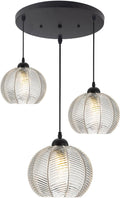 mid Century Pendant Lights Kitchen Island Chandelier Clear Black Pendant Light Pumpkin Design with Ribbed Glass Shade Modern Adjustable Cord Glass Ceiling Pendant Light Dining Room