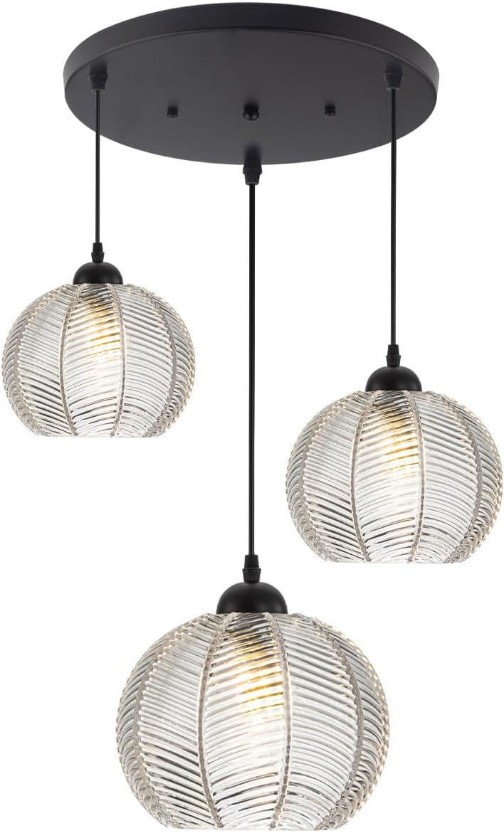 mid Century Pendant Lights Kitchen Island Chandelier Clear Black Pendant Light Pumpkin Design with Ribbed Glass Shade Modern Adjustable Cord Glass Ceiling Pendant Light Dining Room
