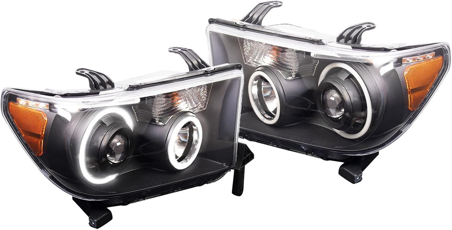 TRQ 2 Piece Headlight Assembly Set Performance Halogen LED Halo Rings Black Bezel Driver & Passenger Side Compatible with Toyota Sequoia 2008-2017 Tundra 2007-2013 TO2502171 TO2503171
