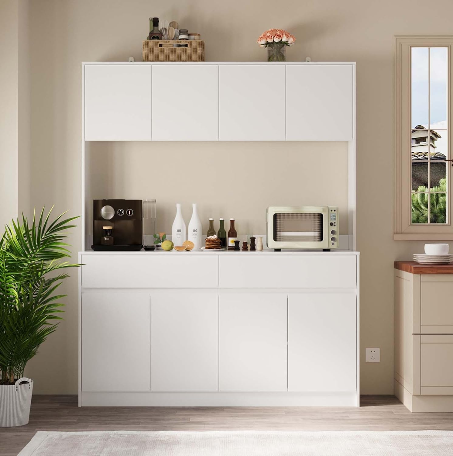 Bobve 71' Kitchen Pantry Cabinet, Kitchen Hutch with Microwave Stand, Buffet Cabinet with Large Storage Drawers for Dining Room (White)