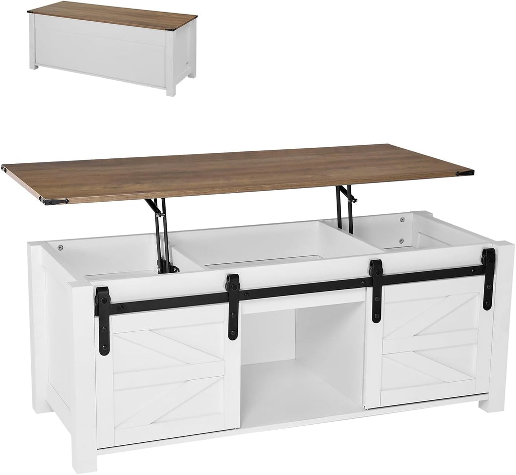 VEVOR 47.2'' Farmhouse Lift Top Coffee Table with Sliding Barn Door, Rustic Center Table with Hidden Storage Compartment, Rectangle Lifting Large Tabletop for Living Room, Office, Easy Assembly, White