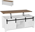VEVOR 47.2'' Farmhouse Lift Top Coffee Table with Sliding Barn Door, Rustic Center Table with Hidden Storage Compartment, Rectangle Lifting Large Tabletop for Living Room, Office, Easy Assembly, White