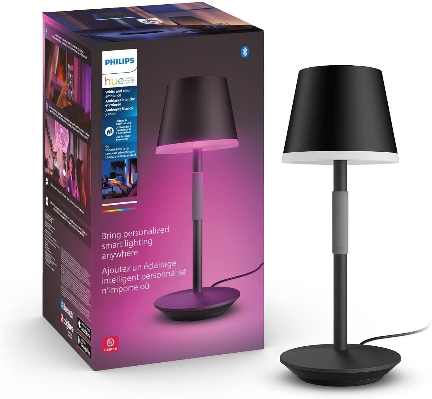 PHILIPS Hue Go Smart Portable Table Lamp, 1 Pack, Black, White and Color Ambiance LED Color-Changing Light, Smart LED Lamp For Indoor and Outdoor Use, Control with Hue App or Voice Assistant