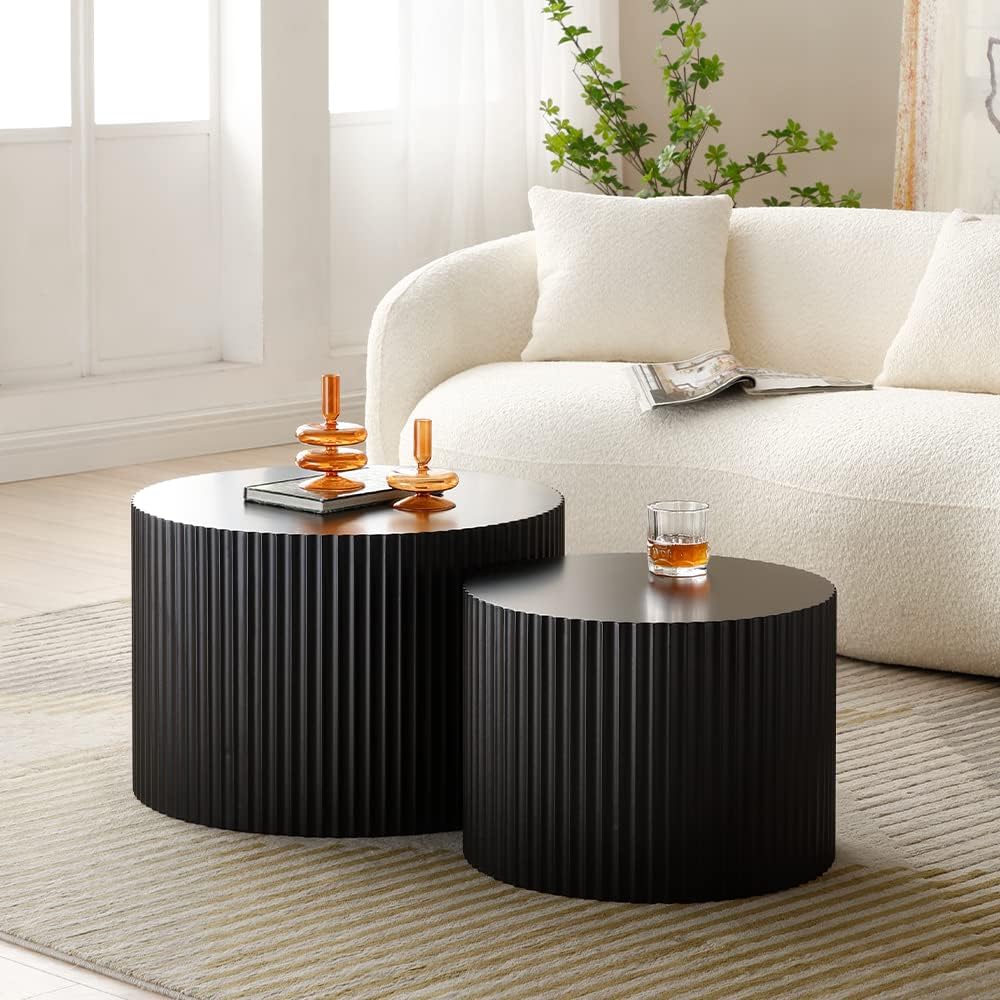 WILLIAMSPACE Black Round Coffee Table Set of 3, Modern Circle Wood Coffee Table Set, 3 Peice Nesting Coffee Accent Side Table End Table for Home Office, No Assembly (3 PCS, Black)