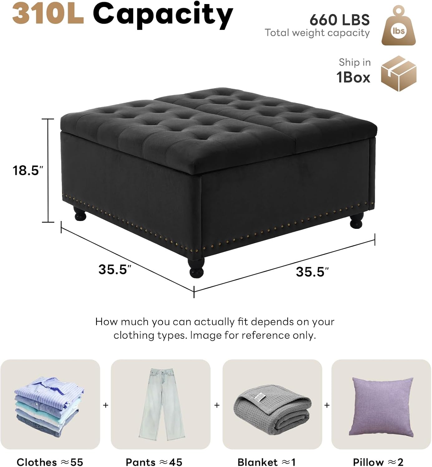 Tbfit Large Square Storage Ottoman Bench, Tufted Upholstered Coffee Table Ottoman with Lift Top & Wooden Legs, Oversized Storage Ottomans Toy Box for Living Room (Black Velvet)