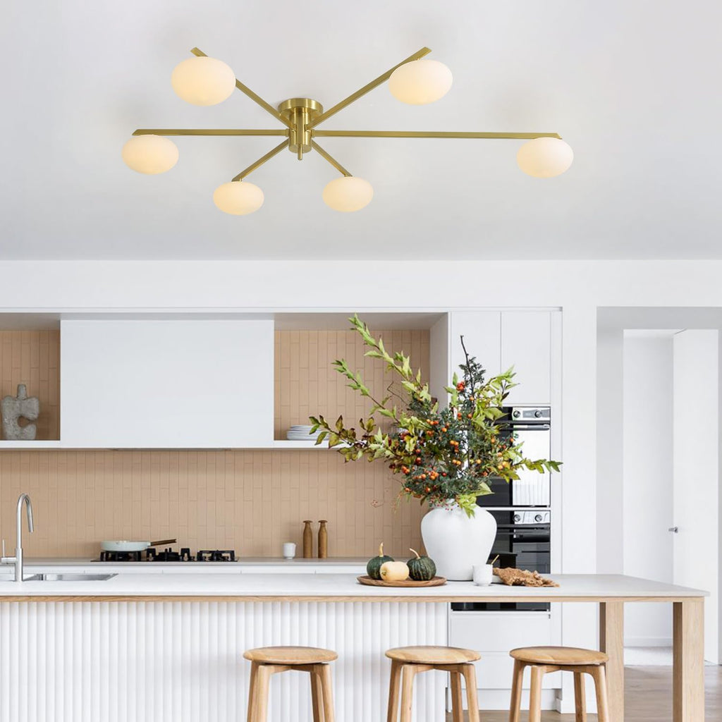 6-Lights Gold Sputnik Chandelier Modern Ceiling Light Fixtures Retro Glass Ceiling Lamp Industrial Semi Flush Mount Lights for Kitchen Living Room Dining Room MCL01-6 GD
