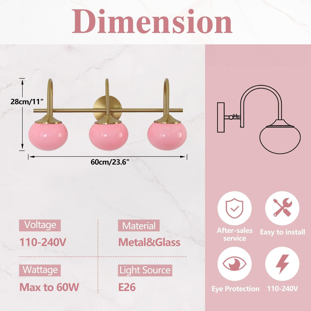 BOKT Gold Bathroom Light Fixture Pink Glass Ball Shades 3-Lights Vintage Vanity Lights Over Mirror E26 Base Modern Wall Sconces Bathroom Wall Lamp for Hallway Bedroom