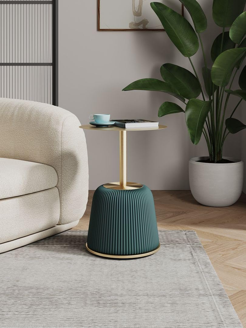 Manhattan Comfort Anderson Modern 15.75' Round End Tables 1.0 - Elegant Leatherette Upholstered Base with Pleated Design & Gold Steel Tabletop, Fully Assembled Accent Furniture, Set of 1, Green