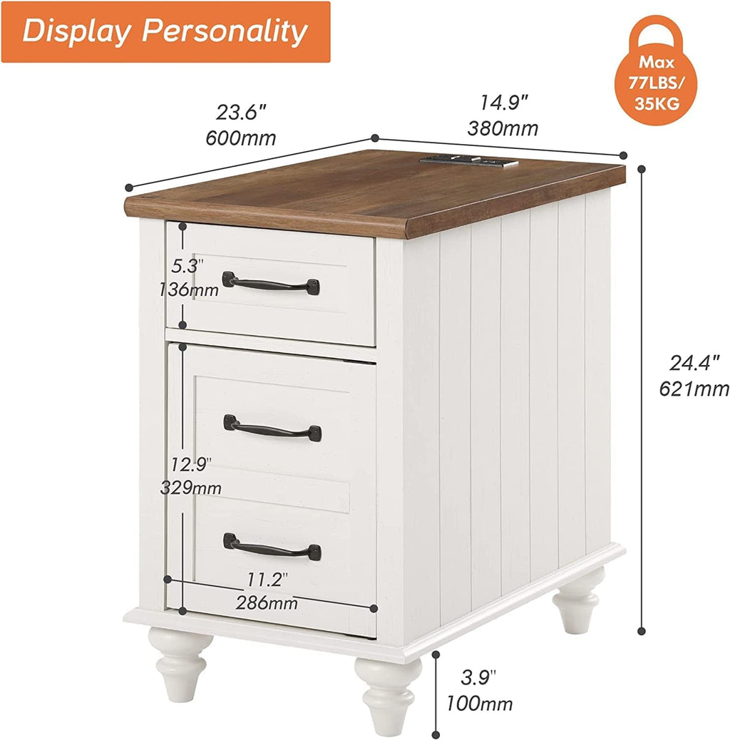 WAMPAT White End Table with Charging Station, Wood Side Table with 1 Drawer &1 Storage Cabinet, Mid Century Modern Nightstand with Power Outlets & USB Ports for Living Room, Bedroom
