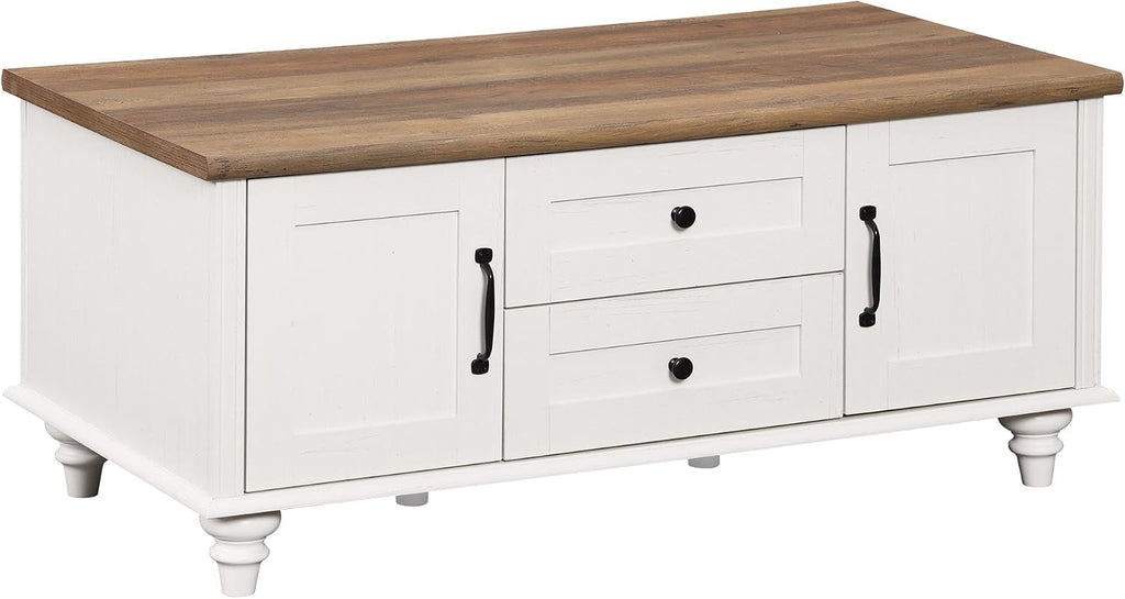 WAMPAT White Coffee Table with Drawers & Storage Cabinet, Modern Rectangle Center Table for Living Room, Rustic Wooden Cocktail Table Tea Table for Home, Office