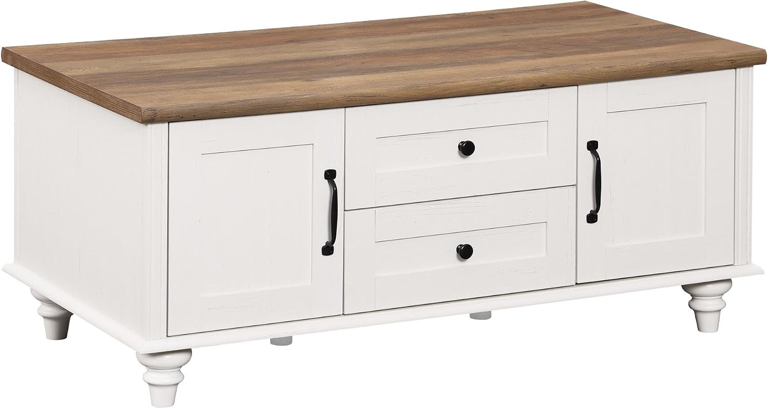 WAMPAT White Coffee Table with Drawers & Storage Cabinet, Modern Rectangle Center Table for Living Room, Rustic Wooden Cocktail Table Tea Table for Home, Office