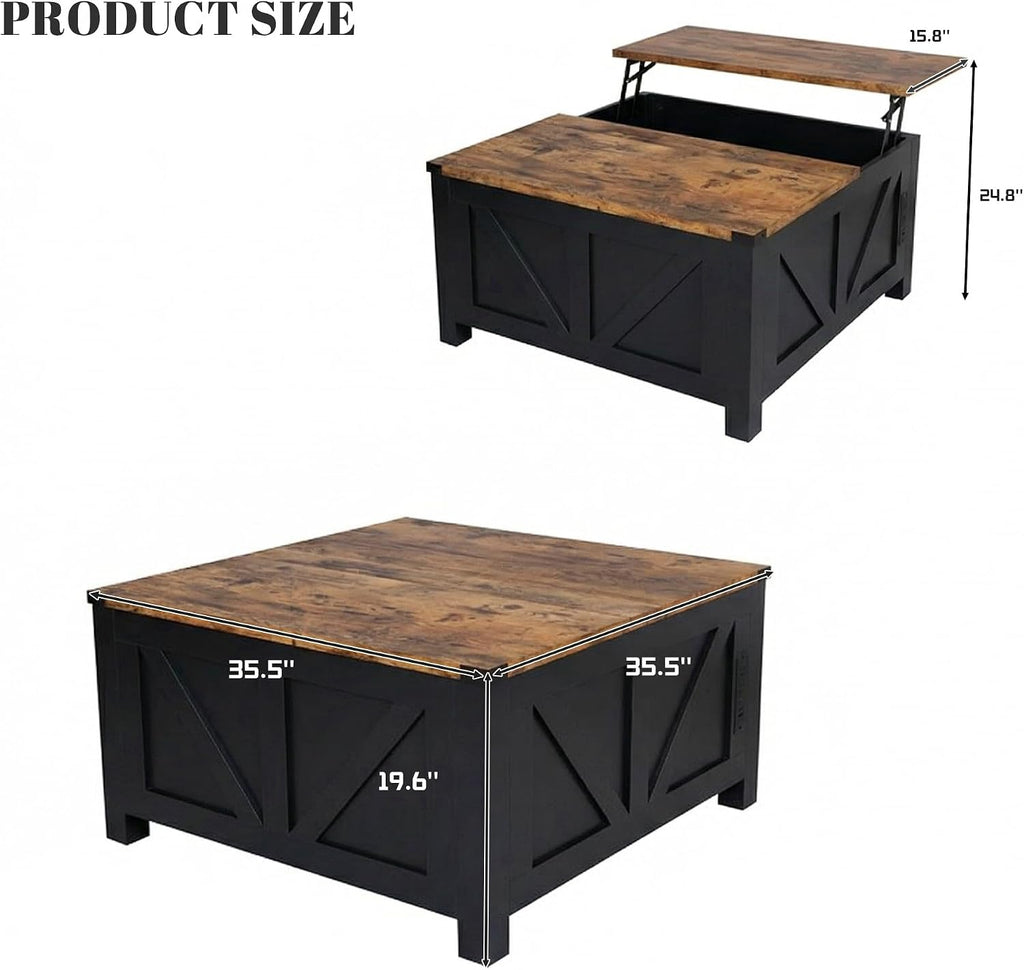 35' Farmhouse Coffee Table with Large Storage, Rustic Wood Lift Top Coffee Table for Living Room, Square Center Table with Charging Station&USB, Modern Port Pottery Barn Lift top Table